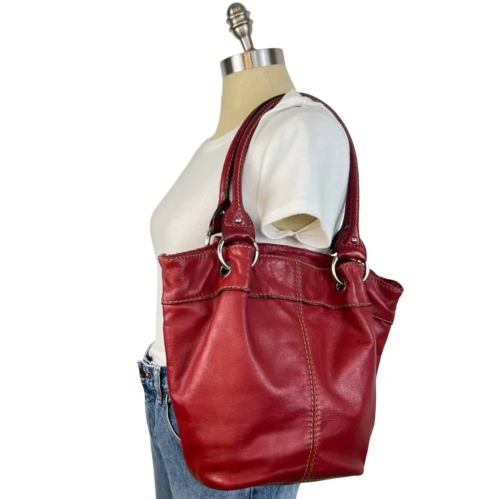 Vintage Tignanello Genuine Red Leather Stitched Silver Accents Shoulder Purse